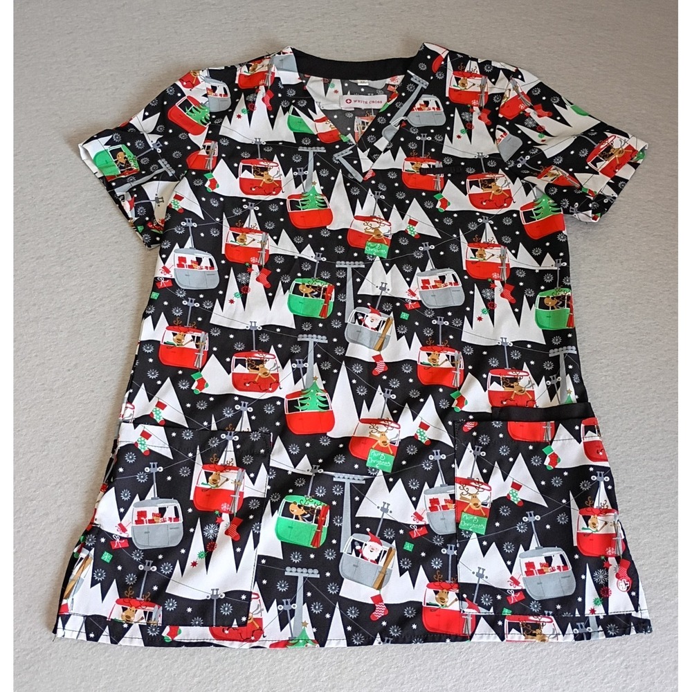 White Cross Medical Scrub Top Women's Size XS Christmas Cartoon Reindeer Holiday